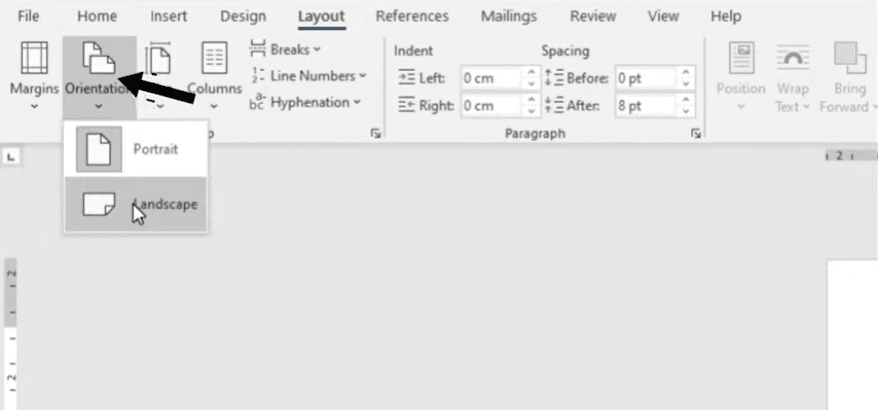 How to rotate one page in Word - changing orientation to landscape from the Layout tab
