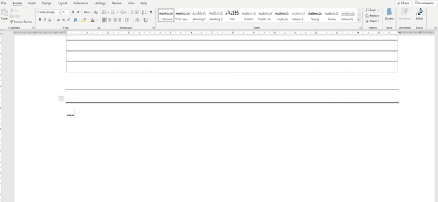Example of horizontal lines added in Word using the dash shortcut