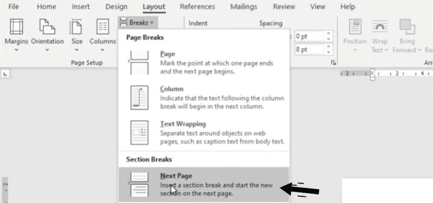 How to rotate one page in Word - inserting a Next Page section break