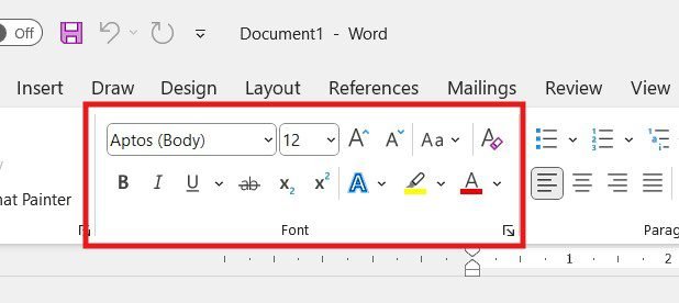 How to change the default font in Word - the Font toolbar showing Aptos as default