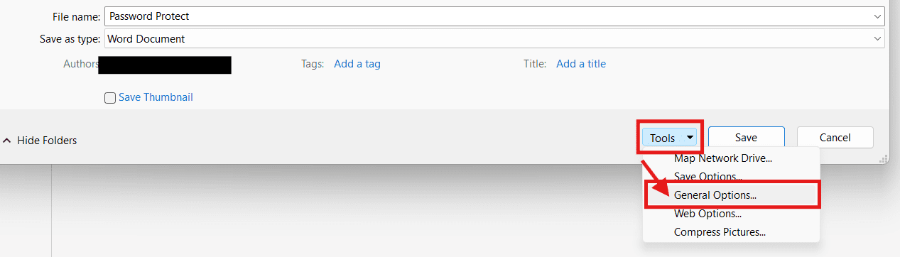 Open General Options to password protect a Word document for editing