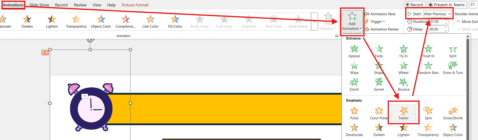 Teeter emphasis animation selected in PowerPoint Animations tab