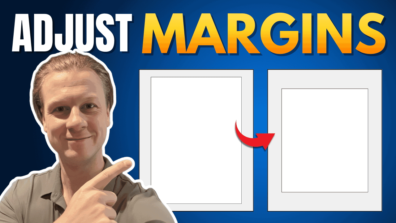 Illustration showing a person pointing to two Word documents with different margin sizes to demonstrate adjusting margins in Microsoft Word.