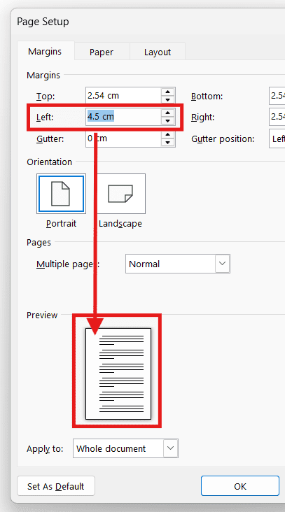 Increase the left margin to change margins in Word using Page Setup