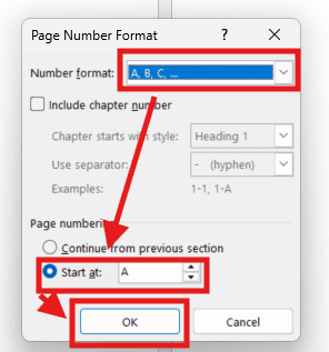 Page Number Format dialog with alphabetical numbering selected and Start at A in Word