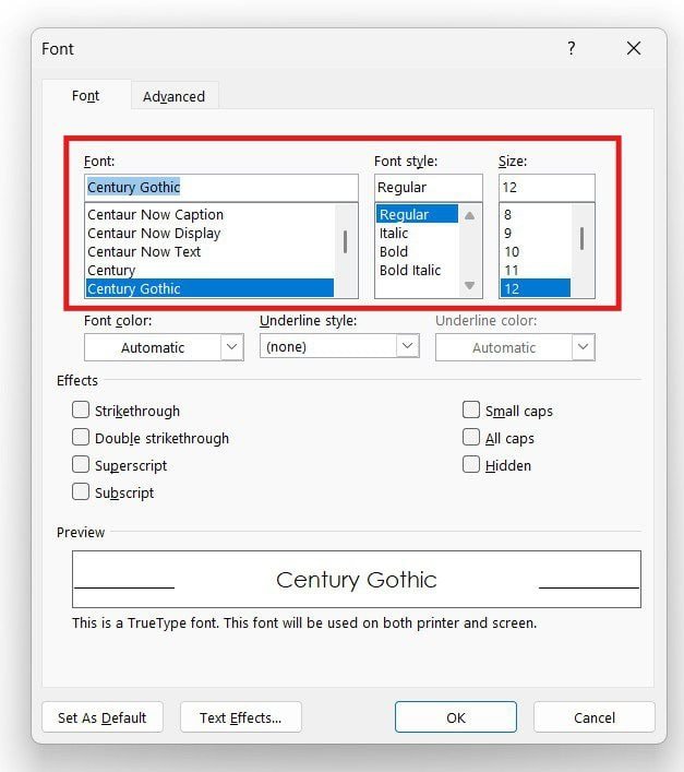 Choose font style and size when changing the default font in Word