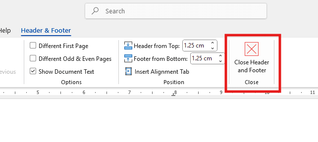 Header and Footer ribbon with Close Header and Footer button highlighted in Word