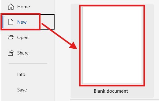 Microsoft Word File menu showing New and Blank document options to start merging documents in Word