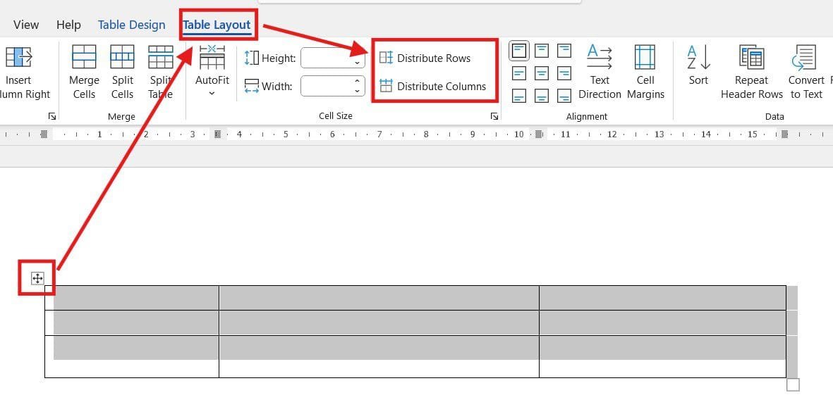 Microsoft Word Layout tab showing Distribute Rows and Distribute Columns to even out a table in Word