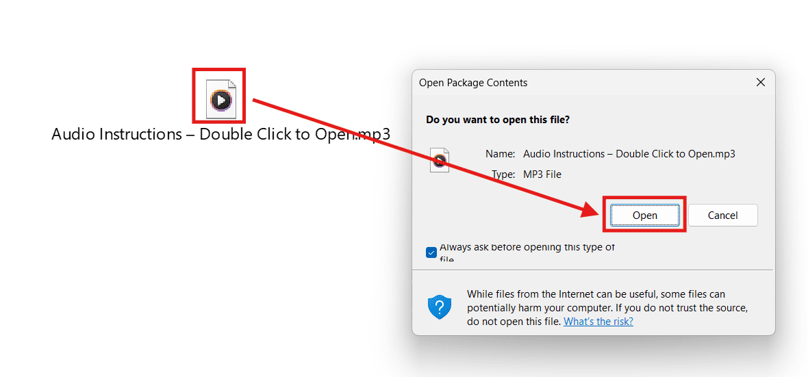 Double-clicking an embedded audio file in Microsoft Word and clicking Open to play the audio