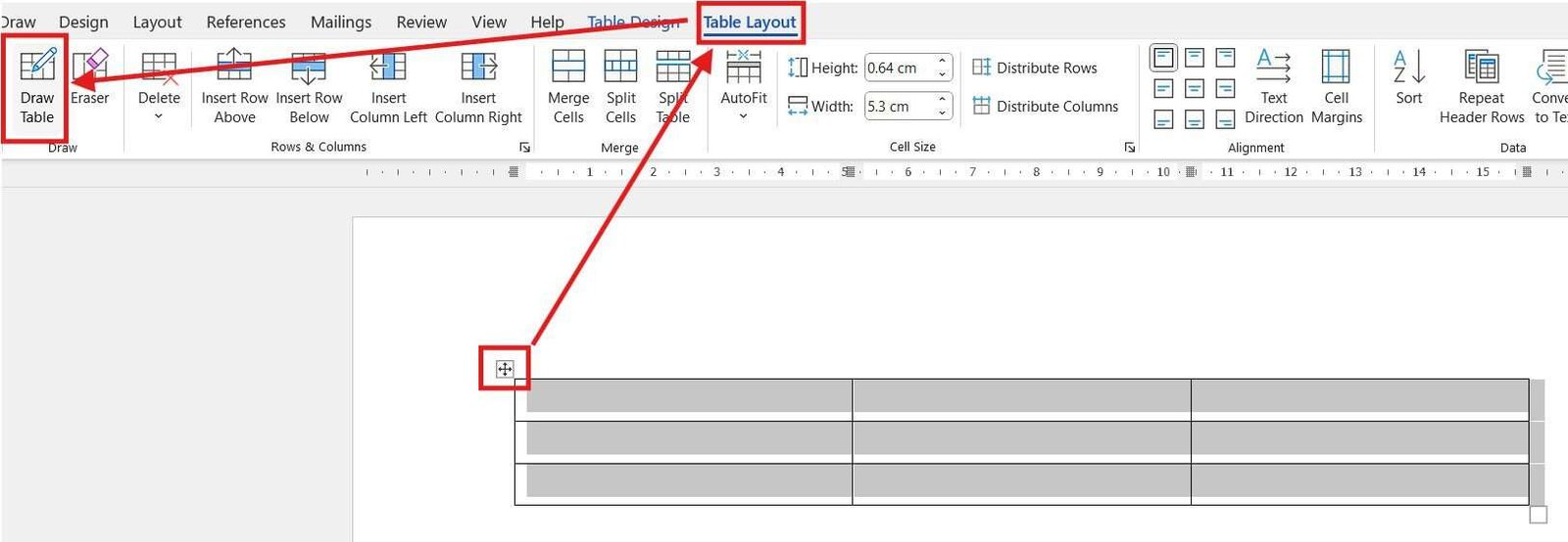 Microsoft Word Draw Table tool and Layout tab used to adjust a table in Word