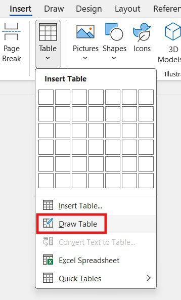 Microsoft Word Insert Table menu with Draw Table selected to insert a table in Word manually