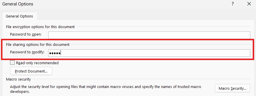 Enter a modify password to password protect a Word document