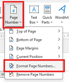 Page Number menu with Format Page Numbers option selected in Word