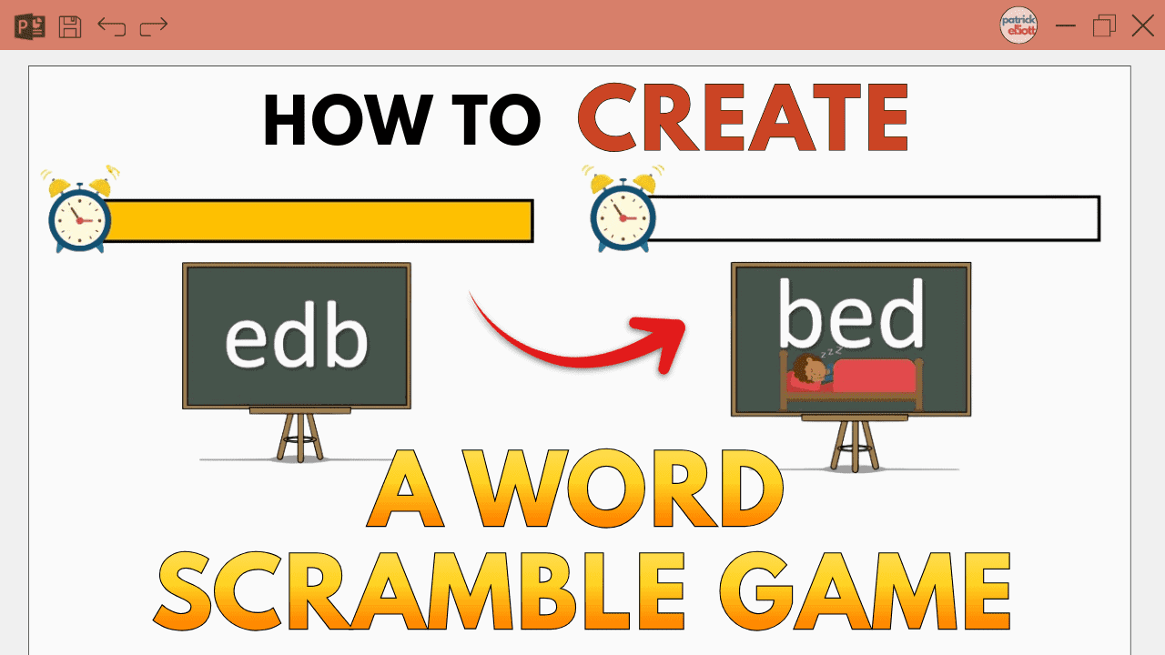 Illustration showing a scrambled word changing into the correct word using a word scramble game in PowerPoint.