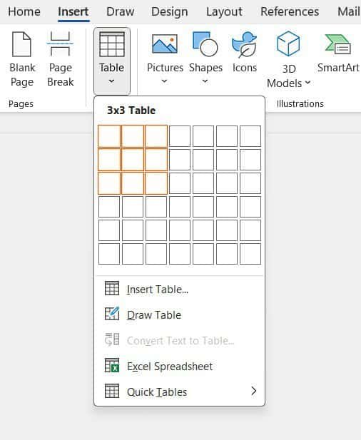 Microsoft Word grid selector highlighting rows and columns to insert a table in Word