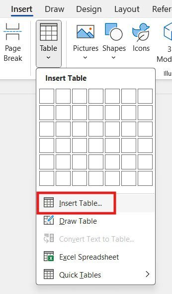 Microsoft Word Insert menu showing the Insert Table option to insert a table in Word