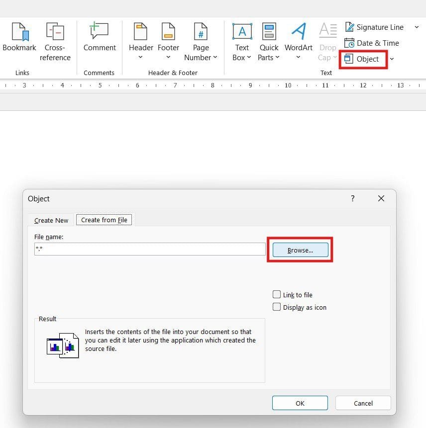 Using Object and Create from File in Microsoft Word to insert an audio file