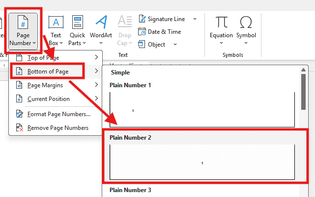 Page Number menu with Bottom of Page expanded and Plain Number 2 highlighted for different page numbers in Word