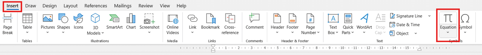Word Insert tab showing the Equation button for writing fractions