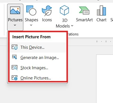 Screenshot showing the Insert Picture From menu in Microsoft Word with options for This Device, Stock Images, and Online Pictures