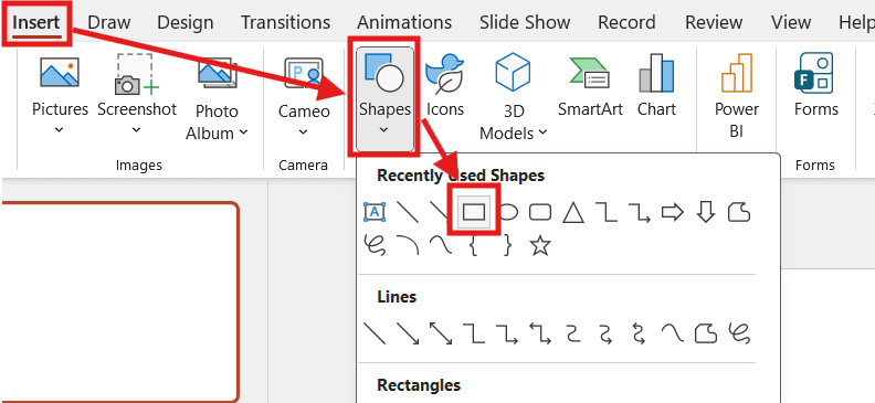 Insert tab in PowerPoint with Shapes menu open and rectangle selected for word scramble game in PowerPoint
