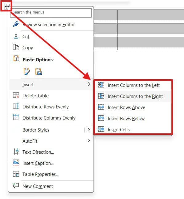 Microsoft Word right-click menu showing insert column and insert row options for a table in Word