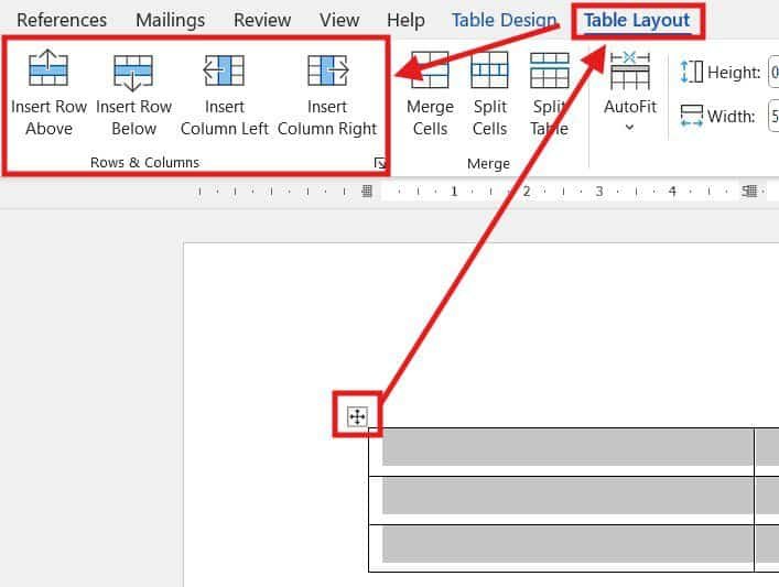 Microsoft Word Layout tab Rows and Columns group to add rows and columns to a table in Word