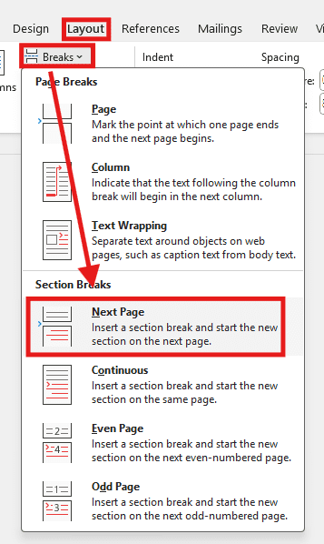 Layout tab with Breaks menu open and Next Page section break highlighted in Word