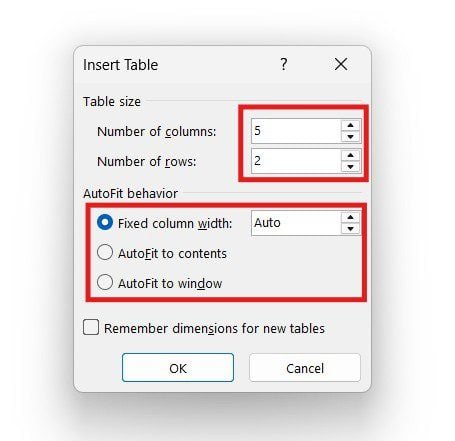Microsoft Word Insert Table dialog showing columns, rows, and AutoFit options to insert a table in Word
