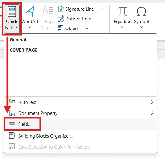 Microsoft Word Insert tab showing the Quick Parts menu with Field selected to insert word counter in Word