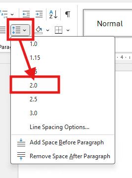 Line and Paragraph Spacing menu with 2.0 selected for double line spacing in Word