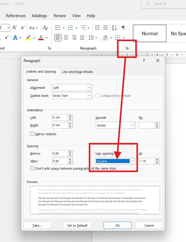 Paragraph settings dialog showing line spacing dropdown set to Double for double line spacing in Word