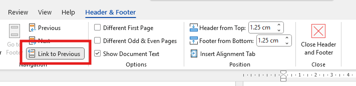 Header and Footer ribbon with Link to Previous option highlighted in Word