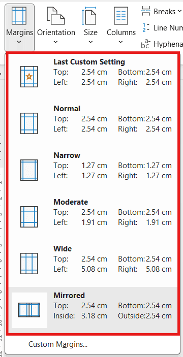 Preset options to change margins in Word - Normal, Narrow, Moderate, Wide, Mirrored