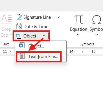 Microsoft Word Insert tab showing Object and Text from File used to merge documents in Word