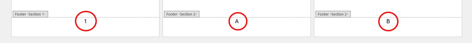 Multiple sections showing different page number formats including numeric and lettered numbering in Word