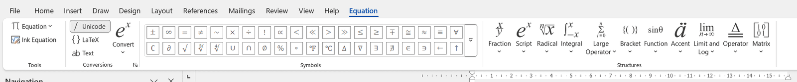 Word Equation tab showing fraction and mathematical structure options