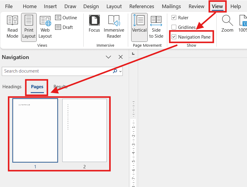 Using the Navigation Pane in Microsoft Word to delete an empty or blank page