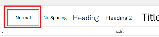 Normal style selected after changing the default font in Word