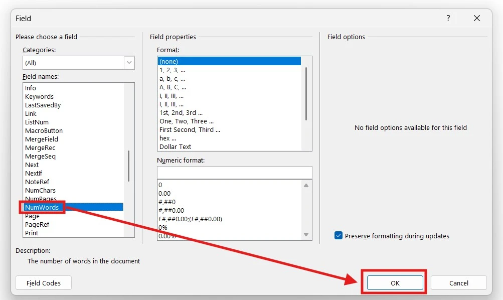 Microsoft Word Field dialog showing NumWords selected to insert a live word count