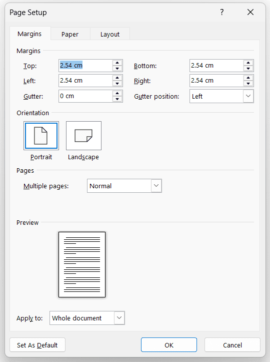 Page Setup dialog used to change margins in Word