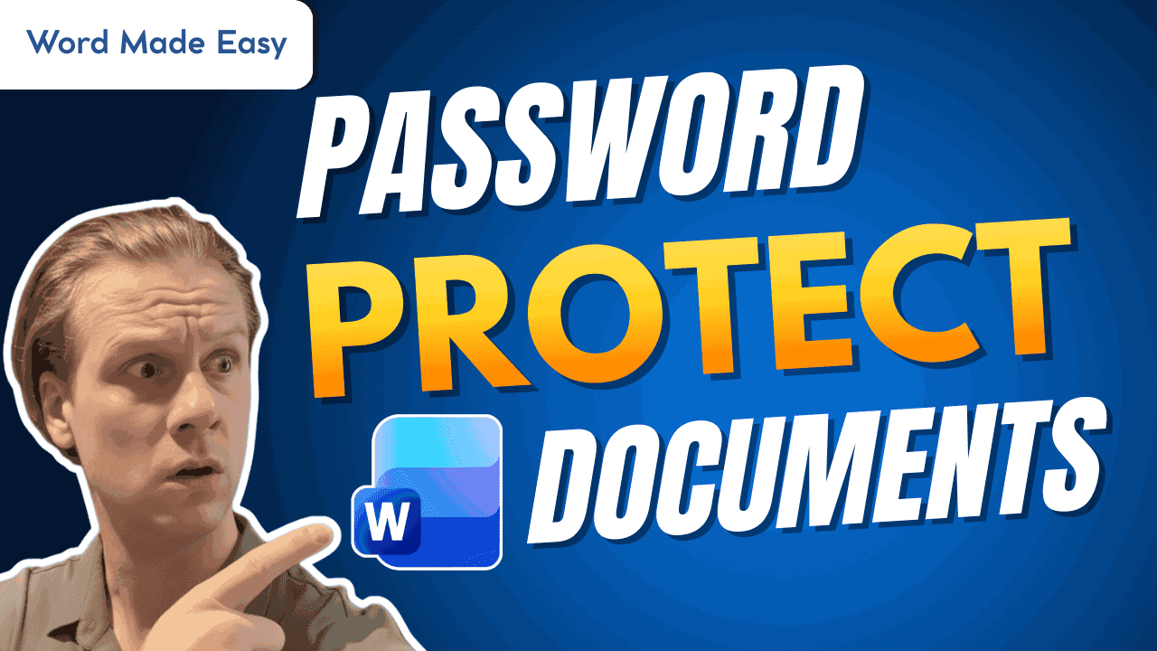 Thumbnail showing how to password protect a Microsoft Word document, with Word icon and security theme.