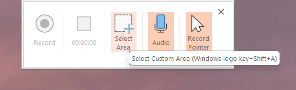PowerPoint screen recording toolbar with Select Area, Audio, and Record Pointer options visible