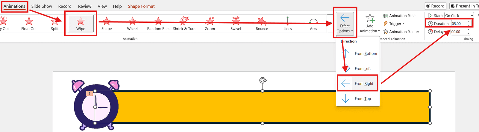 Wipe animation effect with direction and duration configured in PowerPoint for word scramble game in PowerPoint