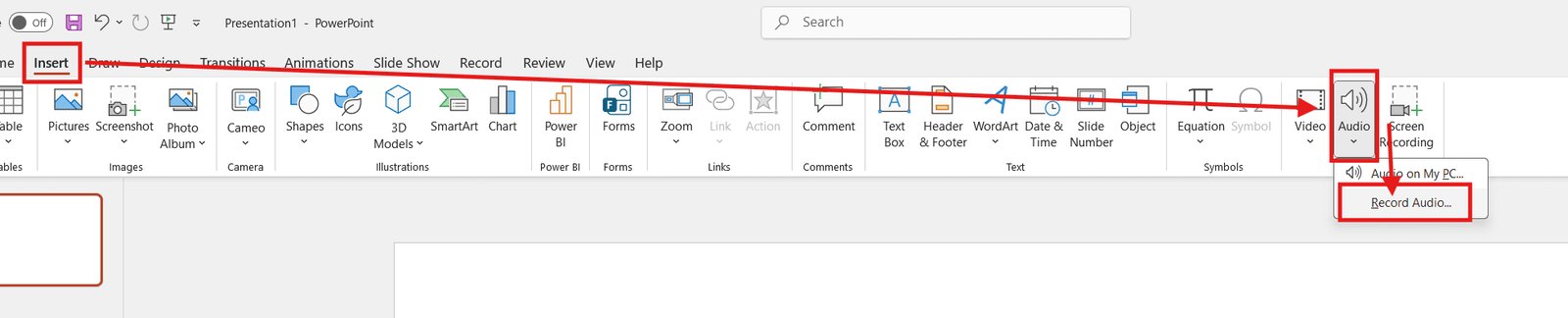 Insert tab in PowerPoint with Audio menu open and Record Audio selected for record audio and screen in PowerPoint