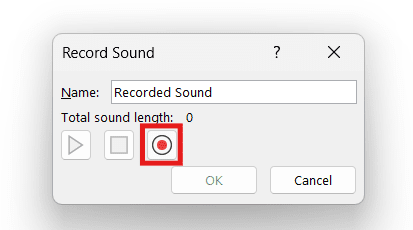 Record Sound dialog in PowerPoint with the red record button active