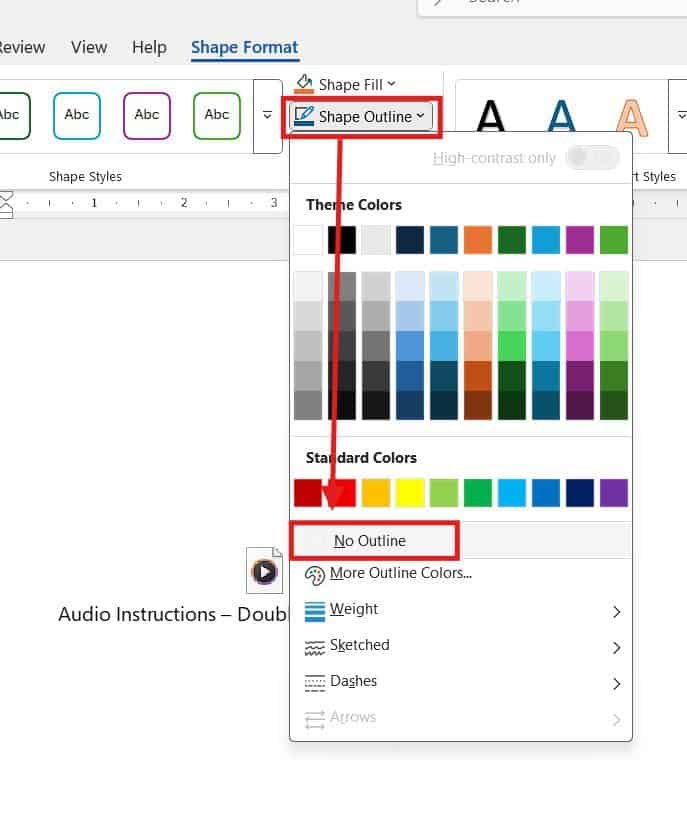 Removing a text box outline in Microsoft Word using the Shape Format and Shape Outline menu