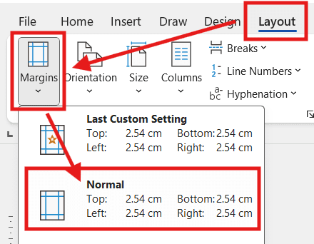 Reset to fix margins in Word using the Normal preset