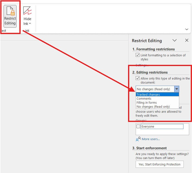 Restrict Editing options to password protect a Word document